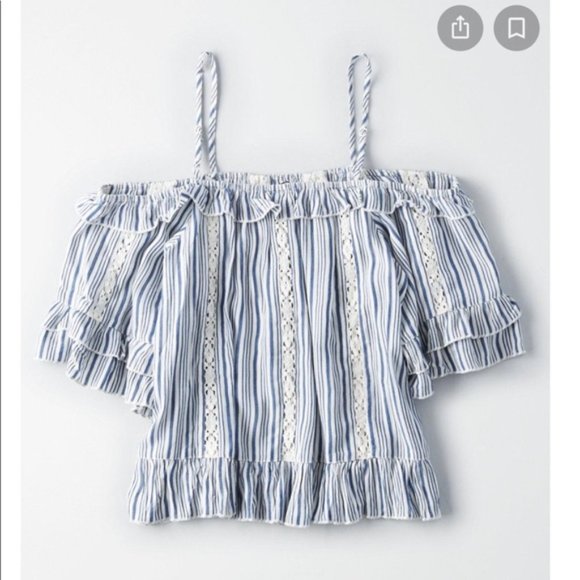 American Eagle blue and white striped chambray off the shoulder top Size Large - Picture 1 of 10